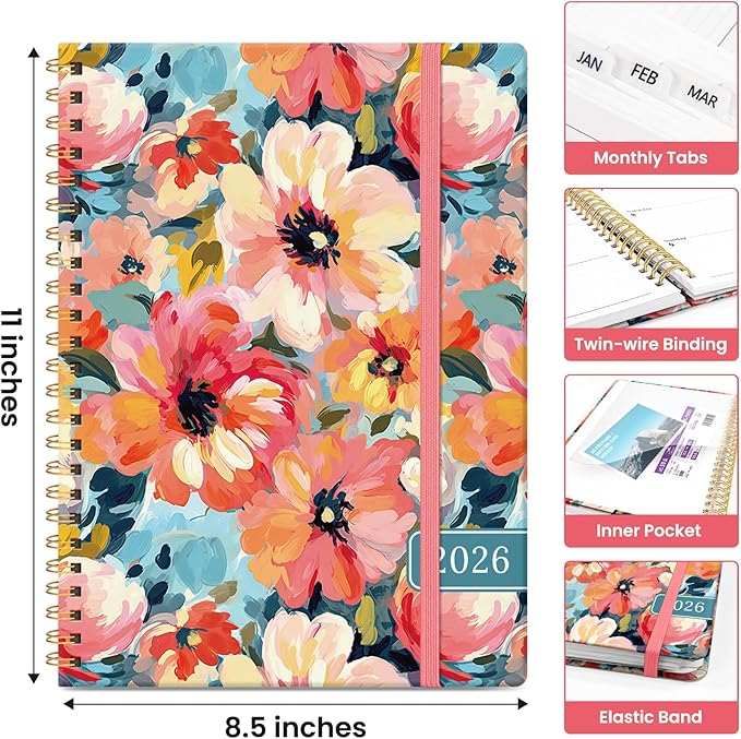2026 Planner, Weekly and Monthly Calendar Planner for Women, Jan 2026 - Dec 2026, Hardcover Planning Agenda book with Tabs, Spiral Bound, Inner Pocket, Perfect for School Office Supplies, 8.5" x 11" - Pastel Garden