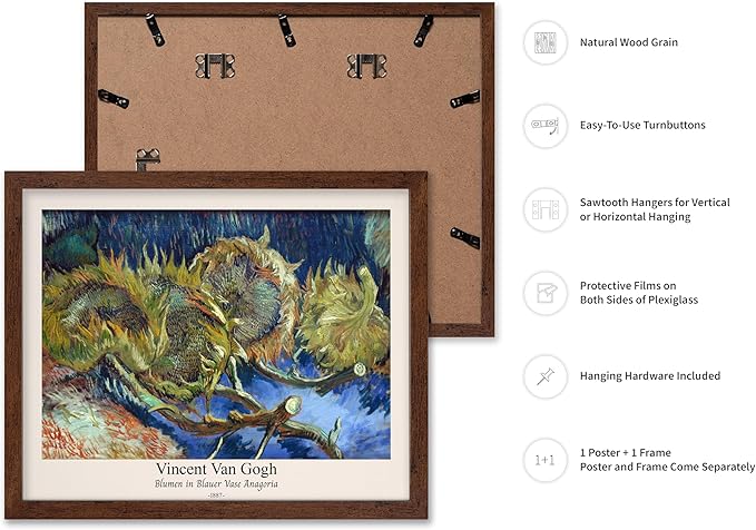 Monem Art Vintage Van Gogh Poster - Retro Blumen in Blauer Vase Anagoria Print - Sunflower Art - Impressionism Art - Fine Art - Classic Painting Art - Bedroom Wall Decor - 8x10 Brown Framed