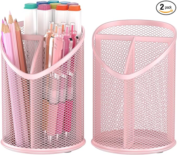 2 Pack Pen Holder Mesh Round Pencil (Pink)