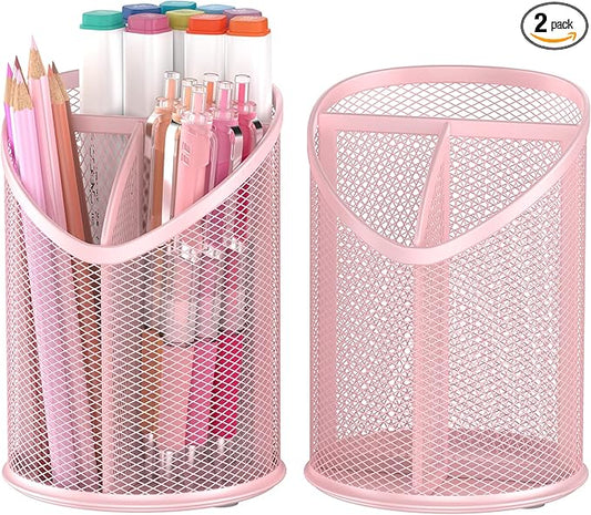 2 Pack Pen Holder Mesh Round Pencil (Pink)