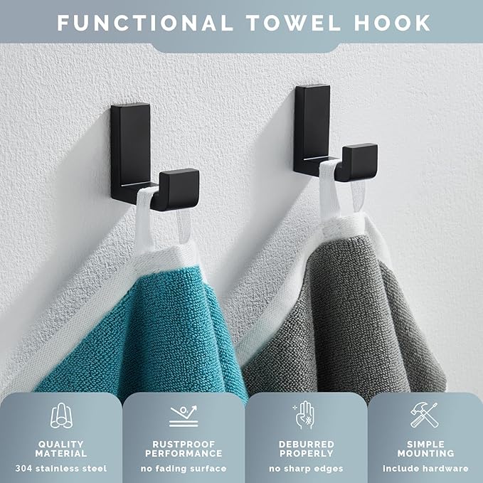 Angle Simple Bathroom Towel Hooks, SUS 304 Stainless Steel Robe Coat Holder Hanger Wall Mounted, Matte Black, 4 Pack