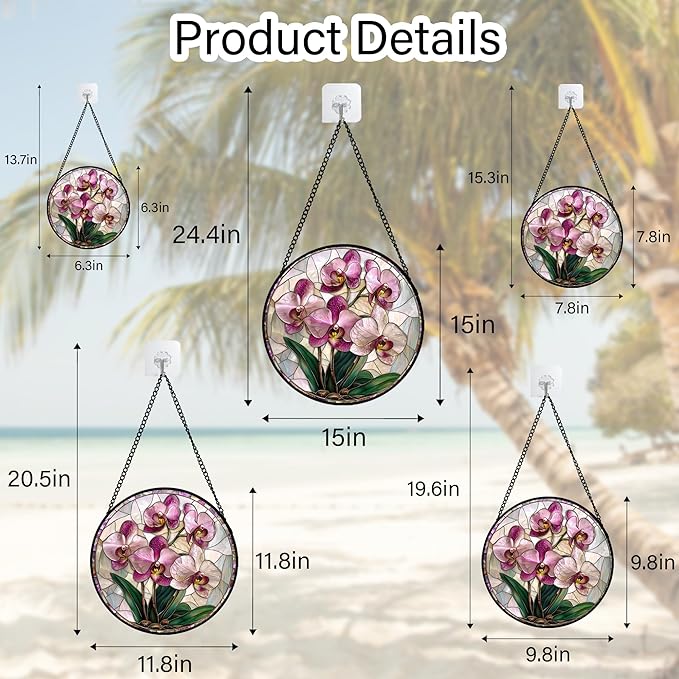 Stained Glass Window Hanging - Pink Purple Phalaenopsis Flowers Sun Catcher for Door Home Decor Plant Suncatcher Christmas Mother's Day Birthday Gifts for Women Men Mom Nana 15 in