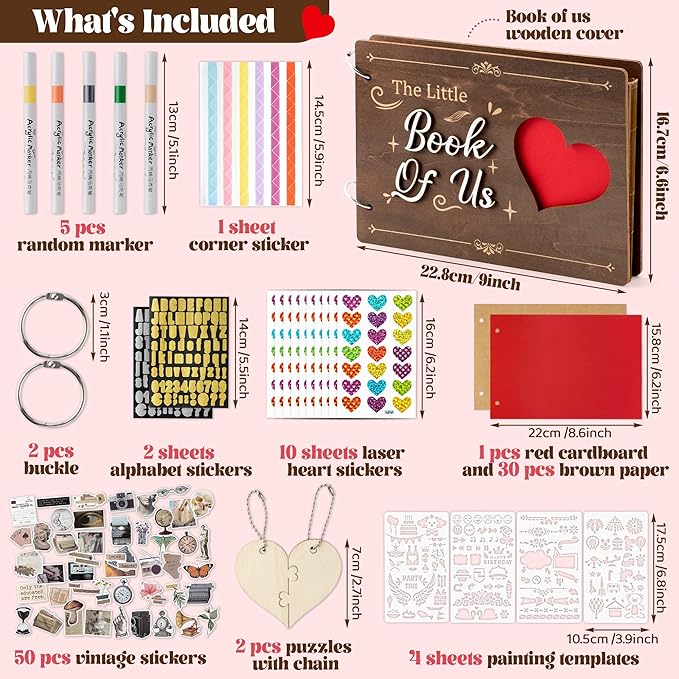 CY2SIDE Book of Us Wooden Scrapbook - 111PCS The Little Book of Us Photo Album Scrapbook Craft Kit Included Wood Cover Heart Puzzle Brown Paper Sticker and Template for DIY Dating Anniversary