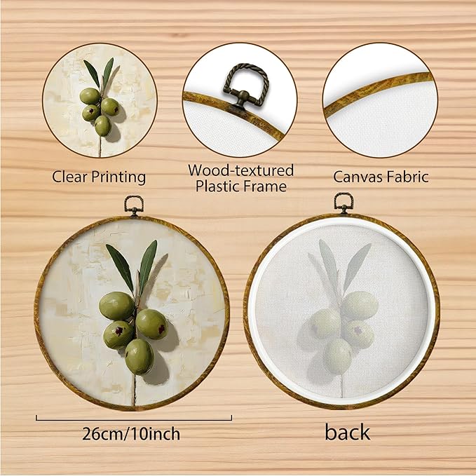 Hiuwevt Olive Still Life Kitchen Round Wall Art Decor, Retro Olive Tree Botanical Framed Canvas Prints, Cocktail Olives Bar Round Wall Hanging Decor for Bedroom Home Decorations, 10x10 Inches