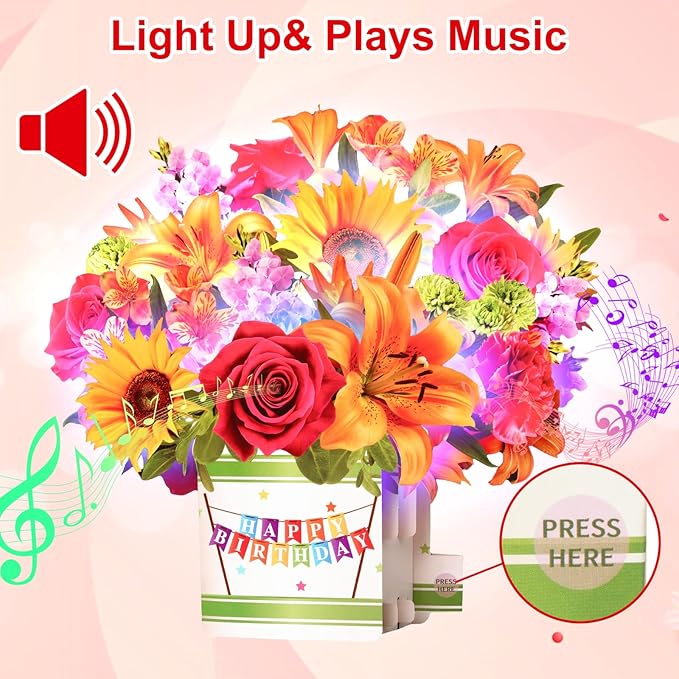 Birthday Cards, Happy Birthday Card for Women, 10Inch Life Sized Forever Sunflower Bouquet with Light and Music, 3D Popup Greeting Card Gift for Women Wife Mom Daughter Sister(Blank Notecard & Envelope)
