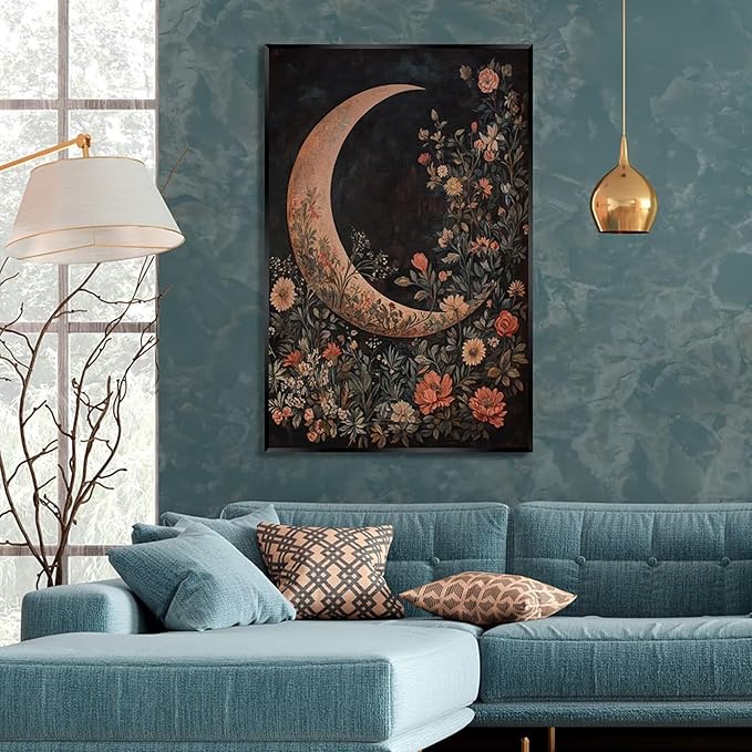Crescent Moon Floral Canvas Poster Modern Trendy Lunar Wall Art Vintage Dark Celestial Painting Prints Whimsical Botanical Aesthetic Home Decor for Bedroom Living Room 16x24inch Metal Black Framed