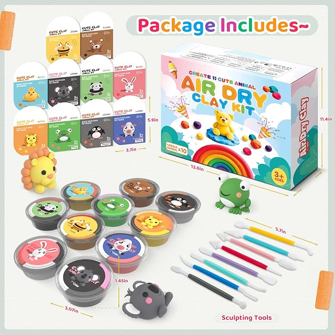 Air Dry Clay for Kids: Modeling Clay Animals DIY 10 PCS Blind Box Craft, Non-Stick Safe Air Dry Clay Kit with Sculpting Tools Mystery Box Gift for Girls Boys 3 4 5 6 7 8 9 Years Old
