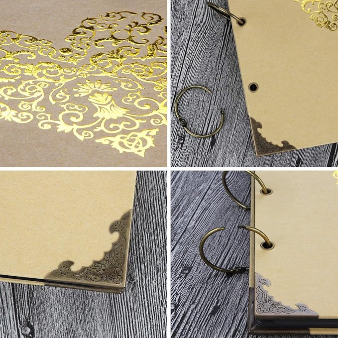 Photo Album DIY Scrapbook, 10x10 inch 50 Pages Double Sided, Vintage Hardcover Three-Ring Binder Picture Booth with 408pcs 6 Colors Self Adhesive Photos Corners (Champagne, Gold Blocking Heart)
