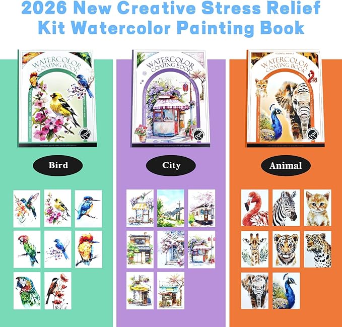 2026 New Creative Stress Relief Kit Watercolor Painting Book,DIY 3-Fold Watercolor Pad, Relax and Adjust Your Mood, for Beginners and Enthusiasts (Birds)