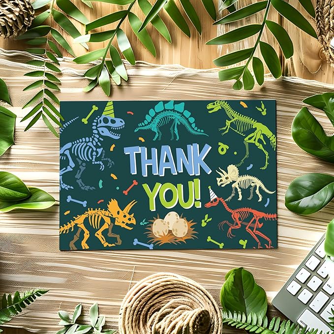 36 Pack Dinosaur Thank You Cards Greeting Cards with Envelopes Stickers Dark Green Dinosaur Skeleton Blank Note Card for Birthday Baby Shower Party Supplies