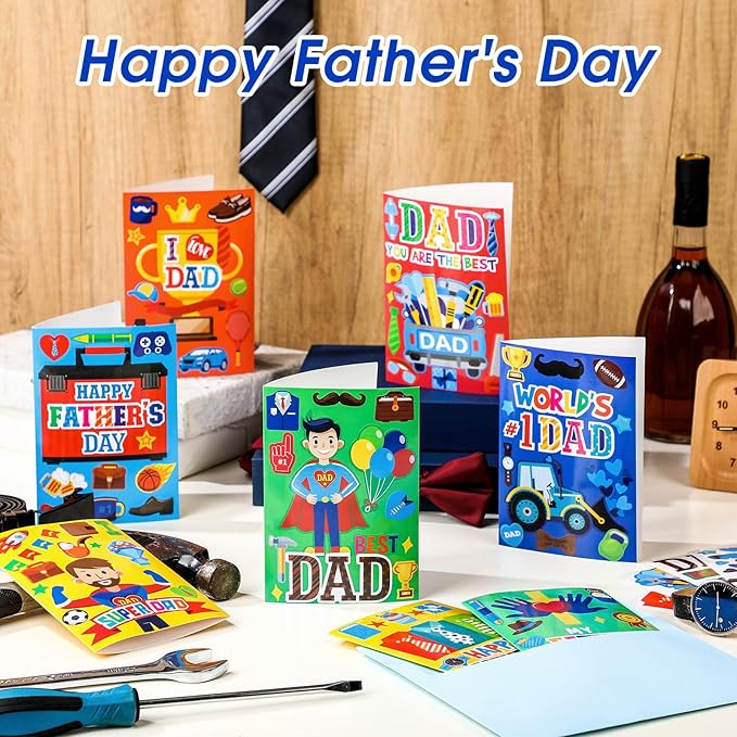 Fullhawl 48 Set Father's Day Card Making Kits DIY Father's Day Craft with Stickers and Envelopes Make Your Own Greeting Card Handmade Dad Gift for Party Home Activities