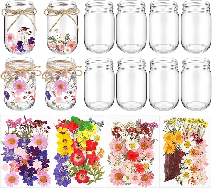 Tinideya 154 Pcs DIY Pressed Flowers Mason Jar Set Pressed Flower Lanterns 12 Mason Jar 140 Natural Real Dried Flower Centerpiece Making Favor for Christmas Wedding Candle Lantern Craft