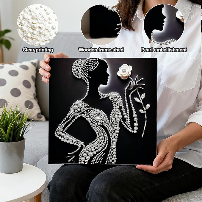 DIY Pearl Painting Kit with Wooden Frame, 3D Plastic Pearl Gemstone Ocean Art Craft for Adults Beginners, Diamond Art Kits for Adults, Home Wall Decor Ready Gift for Women(Silhouette Lady)(30 * 30cm)
