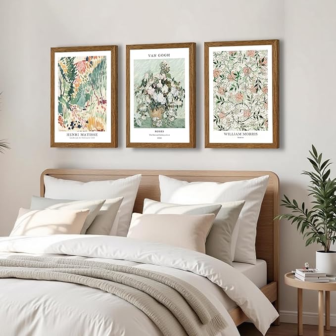InspiredHues 3 Piece Sage Green Vintage Canvas Wall Art Landscape Flower Botanical Canvas Wall Decor Henri Matisse Van Gogh William Morris Artwork Prints for Bedroom Living Room 16x24 In Wood Frame