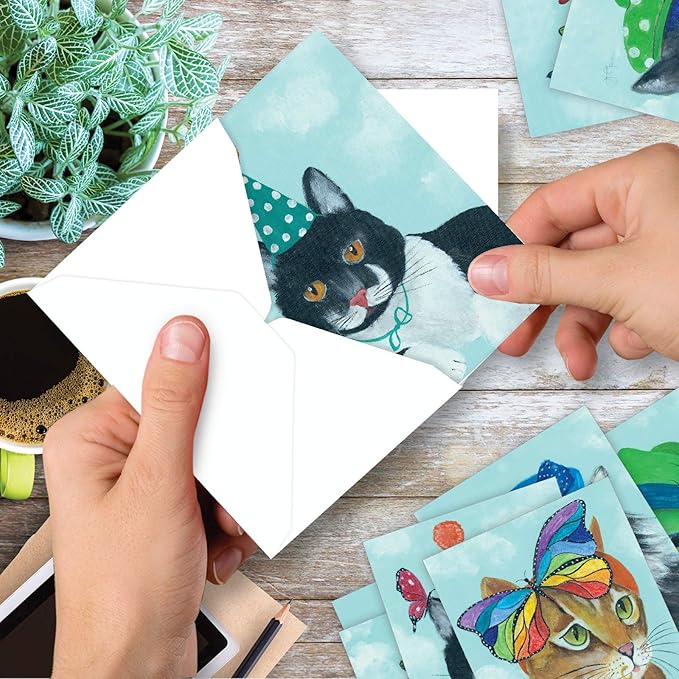 The Best Card Company 20 Assorted Blank Notes Bulk Box Set 4 x 5.12 Inch with Envelopes (10 Designs, 2 Each) Butterfly Cats AM7375OCB-B2x10