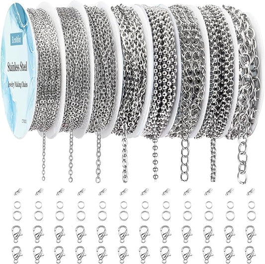 Ecoofor Necklace Chains for Jewelry Making, 62.3 Feet 8 Rolls 304 Stainless Steel Jewelry Chains for DIY Necklace Bracelet Jewelry Making with Stainless Steel Jump Rings/Lobster Clasps/Connectors