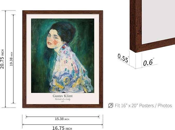 Poster Master Vintage Gustav Klimt Poster - Retro Portrait of a Lady Print - Expressionism Art - Woman Art - Classic Painting - Aesthetic Art - Living Room or Office Decor - 16x20 Brown Framed