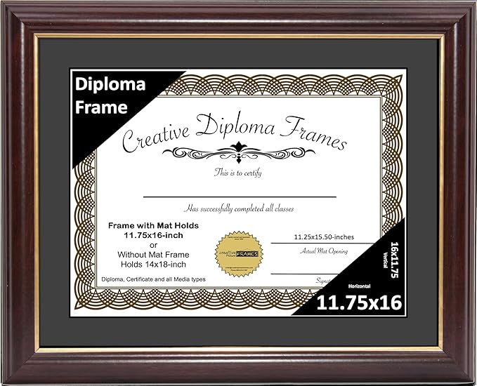 Creative Picture Frames 11.75x16 Mahogany Gold Rim Diploma Frame with Black Mat Glass and Installed Wall Hangers | Frame Holds 14x18 Media without Mat