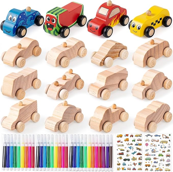Leyndo 12 Pcs Unfinished Wood Cars to Paint Wooden Painting Crafts, DIY Car Toys with 12 Watercolor Pens & 12 Car Sticker Sheets for Kids Students Home Classroom Woodworking Family Art Activities