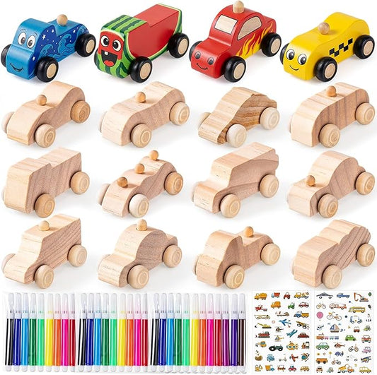 Leyndo 12 Pcs Unfinished Wood Cars to Paint Wooden Painting Crafts, DIY Car Toys with 12 Watercolor Pens & 12 Car Sticker Sheets for Kids Students Home Classroom Woodworking Family Art Activities
