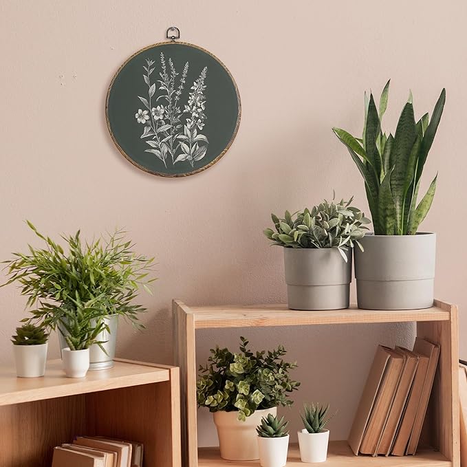 FUGWN Vintage Floral Botanical Round Wall Art Decor Framed, Rustic Cottagecore Wildflower Canvas Artwork Prints, Retro Floral Wall Hanging Decorations for Home Bedroom Living Room, 10x10 Inch