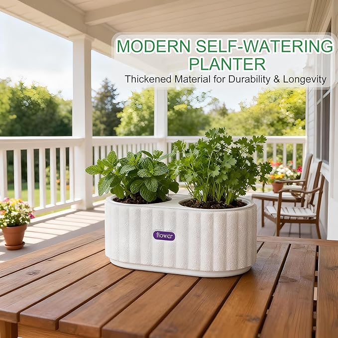 HOSUN 4 Inch Dual Compartment Self Watering Planter - Indoor Plastic Plant Pot with Drainage Holes, Reservoir & Wicking Rope, Low Maintenance Modern Flower Pot for Succulents/Aloe Vera (White)