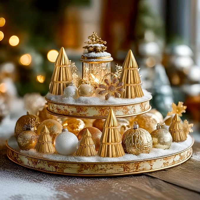 WDS WONDROUS Metallic Mini Christmas Trees Gold, Set of 6 Small Christmas Trees Figurine Tiered Tray Decor, Xmas Tabletop Decorations Table Centerpiece Office Mantel Shelf