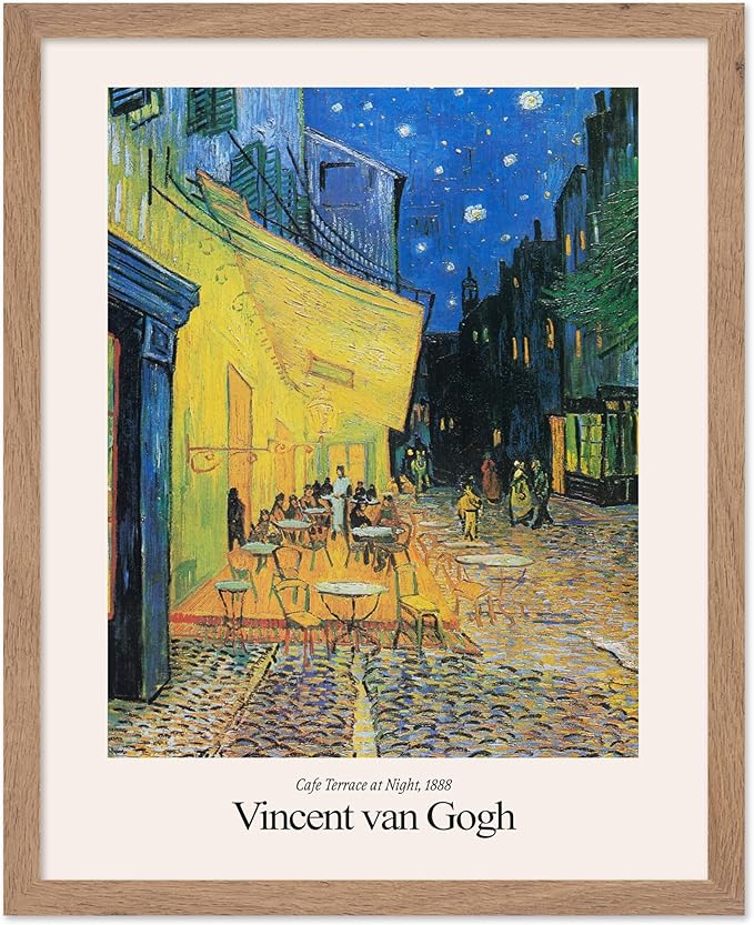 Monem Art Vintage Van Gogh Poster - Retro Impressionist Print - Cafe Terrace at Night, Arles, Stars, Aesthetic - Gift for Artist, Friend - Wall Decor for Home, Office, 11x14 Beige Framed