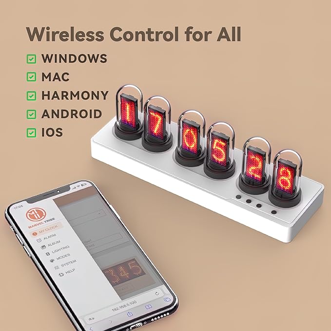 Nixie Tube Clock Glow Tube Clock IPS Color Screen Digital Clock with 6 Sets of Alarm Clocks, 7 Modes, 12 Customized Pictures, Web Control, no app Required (White A)