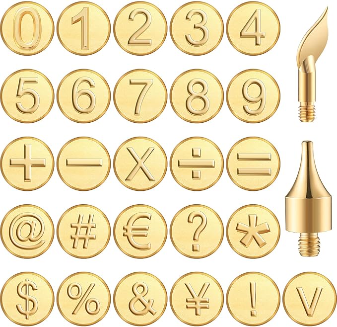 Honoson 28 Pieces Wood Burning Number Tips Stamps Kit Tool, Numbers and Symbol Copper Mold Carving Set for DIY Embossing Carve Crafts Wooden Burning Stencil Kits Hobby Woodworking Tools