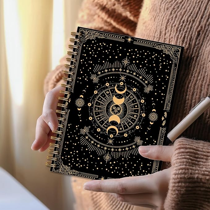 Sun and Moon Witchy Notebook, Witch Gothic Celestial Journal, Witchy Gifts for Women, Mystical Gold Moon Tarot Card Spiral Journal Notebook, 5.5x8.3 Inch