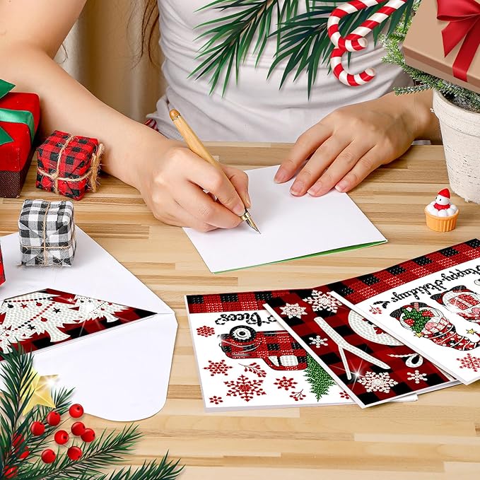 Saillong 12 Pack Christmas Diamond Painting Greeting Card Kits DIY Red Plaid Christmas Diamond Art Cards with Envelopes Xmas 5D Rhinestones Painting for Adults DIY Craft Family Friend Xmas Gifts