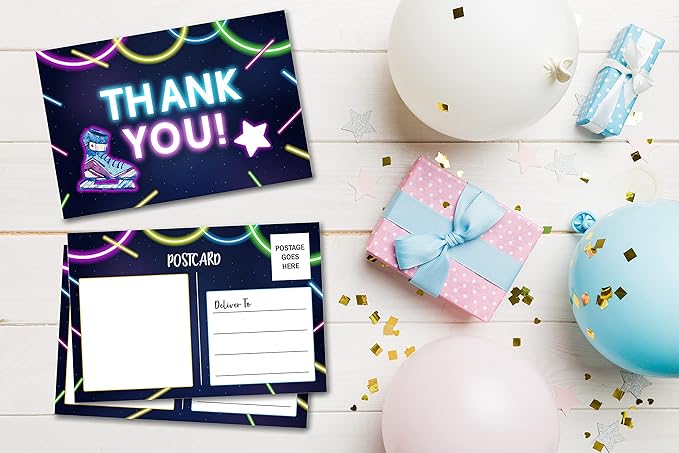 Birthday Thank You Postcards, Neon Roller Skating Thank You Cards for Kids Girls Boys Birthday Party, Baby Shower Party, Set of 20 (A05)