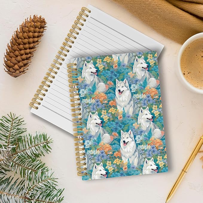 Cute Dog Husky Floral Journal Notebook - Siberian Husky Dog Flower Notebooks College Ruled for Work School, Gifts for Dog Mom Dog Lovers, Office Supplies, Hardcover Spiral Notebook 5.5"x8.3"