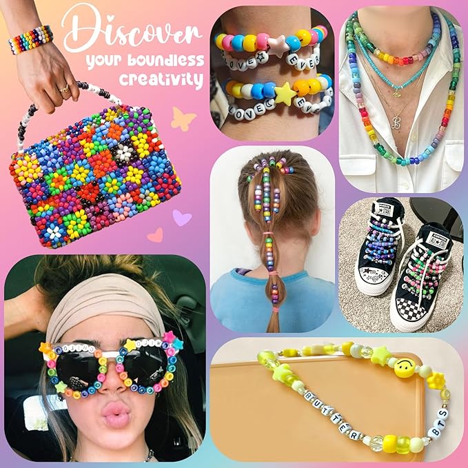 Gionlion 7 Boxes Pony Beads Bracelet Making Kit, 144 Colors 6x9mm Kandi Rave Beads, Friendship Bracelet Kit with 800Pcs Letter Bead for DIY Jewelry, Keychains, Arts and Crafts Gift for Girls Kids