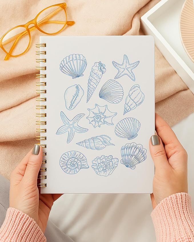 Blue Beach Notebook, Coastal Ocean Journal, Beachy Seashell Starfish Conch Journal for Writing, Beach Lover Gifts for Women, Marine Biology Spiral Notebook, 5.5x8.3 Inch 556