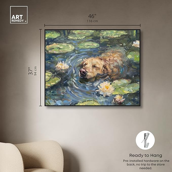 Art Remedy Monet Water Lilies Dog Rustic Chic Farmhouse Canvas Wall Art, Black Floater Frame, 45"x36"