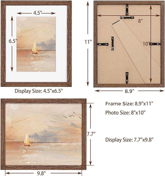 Fun Memories 8x10 Oak Wood Picture Frame Set of 3, 10 x 8 Frame Wood for Wall & Tabletop, Display 5x7 with Mat or 8 x 10 without Mat, 8x10 Natural Wood Photo Frames with Real Glass, Walnut Color