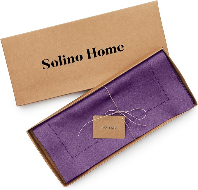 Solino Home Linen Purple Table Runner 36 Inches - Classic Hemstitch, 100% Pure Linen Coffee Table Runner 14 x 36 Inch Ideal for Dresser Tables - Winter, Spring, Easter, Valentines