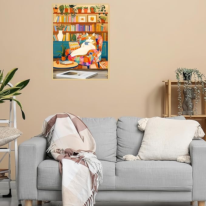 Painting by Numbers Kit for Adults Beginner,Charming Cat Bookshelf Color by Numbers for Adults,Adult Paint by Number Kits on Canvas,Paint by Numbers Easy Oil Painting for Home Wall Decor11.8X15.8 Inch