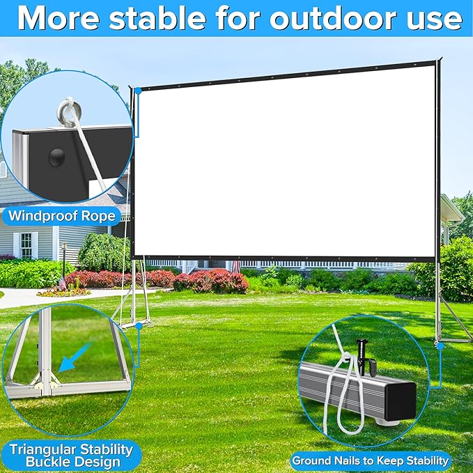 250 inch Projector Screen with Stand, Upgraded 3 Layers PVC 16:9 Large Outdoor Projector Screen, Portable Outdoor Movie Screen with Carrying Bag for Large Commercial Performance
