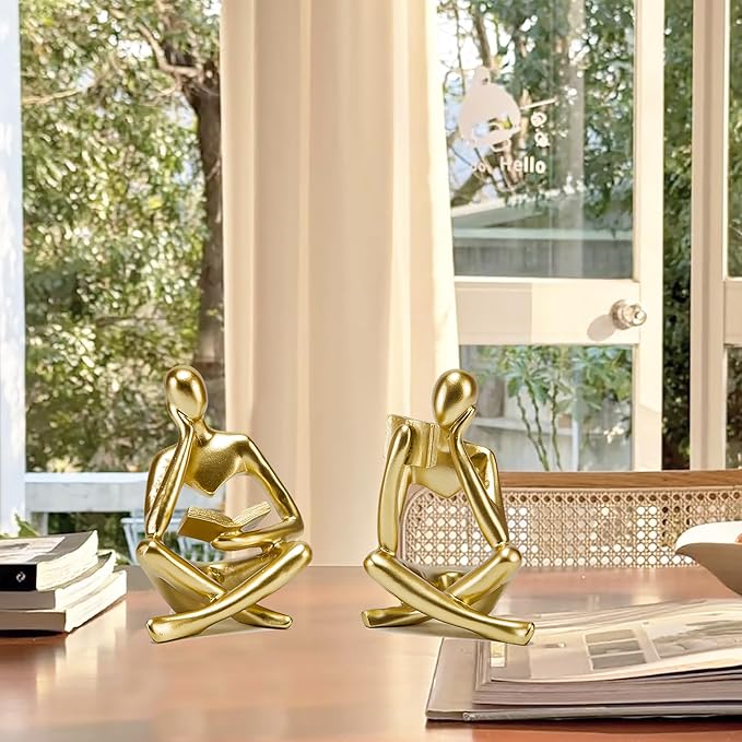 Prettidecor Reading Thinker Statue, Sculptures Abstract Art Ornament, Modern Aesthetic Figurine Decoration Set of 2 Status for Home Living Room Bedroom Office Shelf Table Desk Bookshelf Decor (Gold)