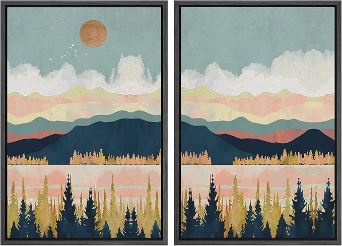 SIGNWIN Framed Canvas Print Wall Art Set Pastel Pink Blue Geometric Mountain Landscape Nature Wilderness Illustrations Modern Art Scenic Colorful for Living Room, Bedroom, Office - 16"x24"x2 Black