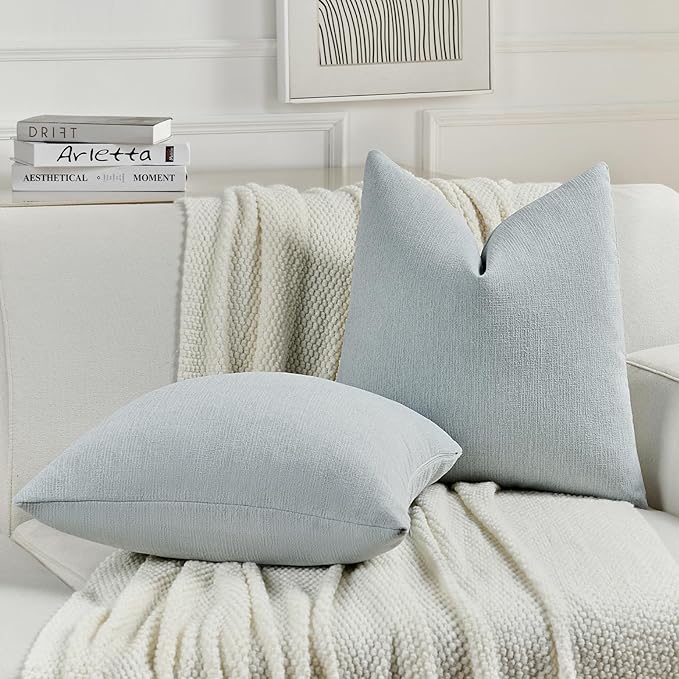 FUTEI Dusty Blue Chenille Decorative Throw Pillow Covers 24x24 Inch Set of 2,Soft Cozy Faux Linen Textured European Pillow Shams,Farmhouse Home Decor for Couch Living Room