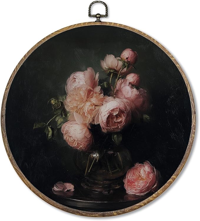 FUGWN Vintage Pink Peony Floral Round Wall Art Decor Framed, Dark Cottagecore Floral Canvas Artwork Prints, Moody Botanical Flower Wall Hanging Decorations for Home Bedroom Living Room, 10x10 Inch