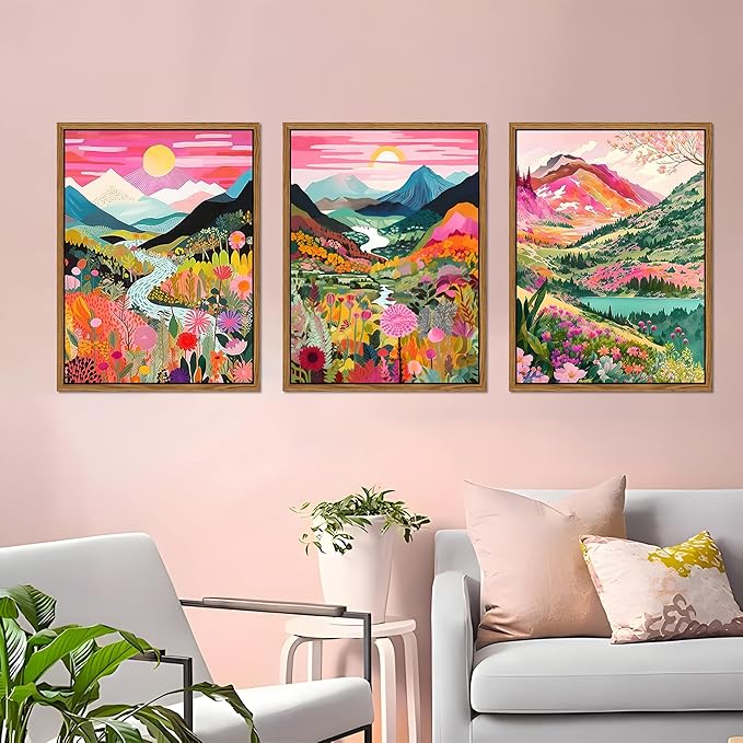 Floating Framed Boho Colorful Mountain Wall Art Set of 3, Abstract Watercolor Landscape Flower Wall Decor Paintings, Modern Nature Sunset Forest Posters Prints for Living Room, Bedroom 12x16 Inch