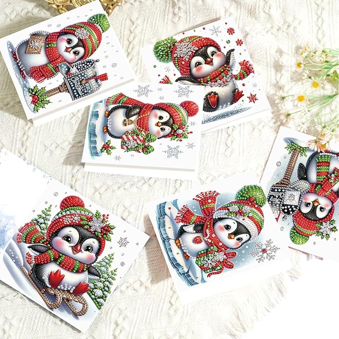 Focart Christmas Penguin Greeting Cards, Set of 6, Special Shaped Diamonds Painting, DIY Handcraft for Relatives and Friends with Wishes,Unique Design Crafting for Birthday or Holiday Cards
