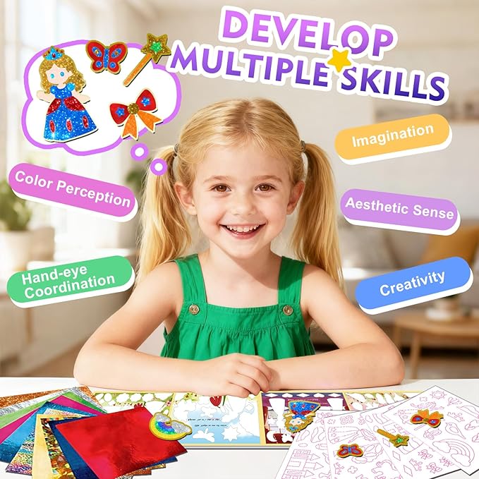 SOOVSY Magnetic Foil Art & Craft Fun Kit for Kids, Princess Foil Story Book with 77 Magnets & 100 Color Sheet, DIY Creative Activity, Travel Toys, Gifts Set for Ages 4, 5, 6, 7, 8, 9