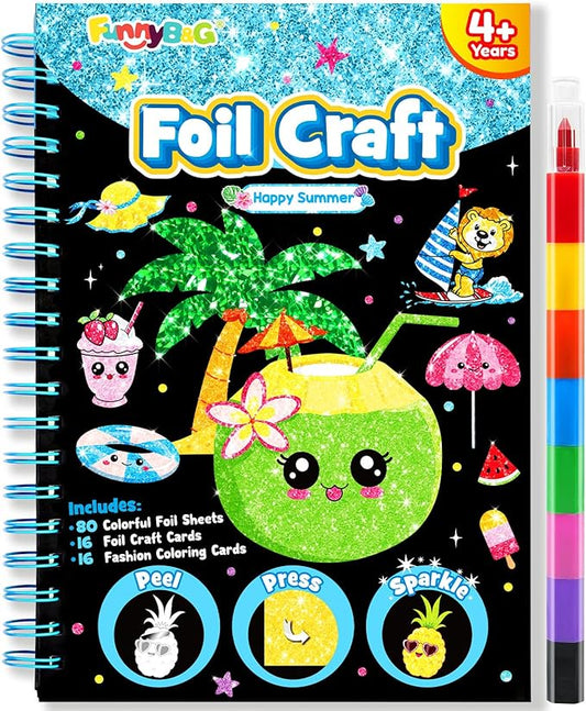 Foil Art Craft Activity for Kids: Fun DIY Toy Sticker Kit, No Mess Creative Travel Supply Set, Idea Birthday Easter Basket Stuffers Valentines Gift for Girl Boy Toddler 4 5 6 7 8 9 Year Old (Summer)