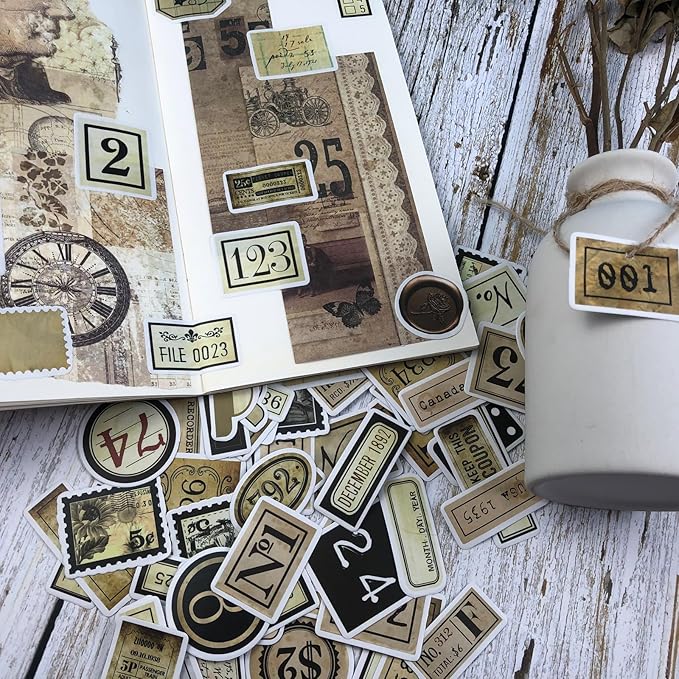 190 Pcs Vintage Label Number Stickers, Retro Tag Aesthetic Stickers for Scrapbooking Junk Journal Bullet Journal Collage Diary DIY Crafts